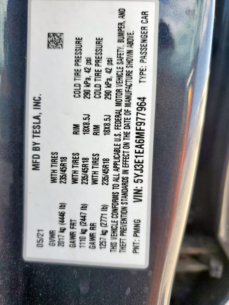 5YJ3E1EA6MF977964 - 2021 TESLA MODEL 3 BLUE photo 12