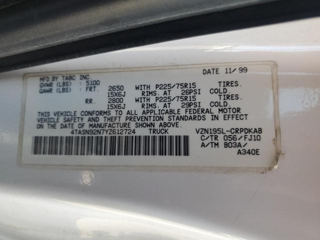 4TASN92N7YZ612724 - 2000 TOYOTA TACOMA XTRACAB PRERUNNER თეთრი ფოტო 13