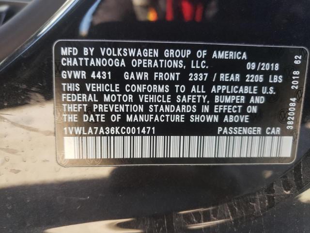 1VWLA7A36KC001471 - 2019 VOLKSWAGEN PASSAT WOLFSBURG BLACK photo 10