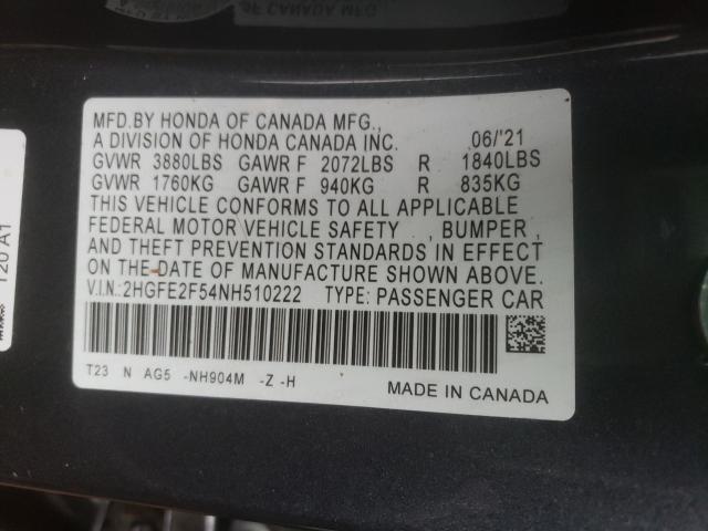 2HGFE2F54NH510222 - 2022 HONDA CIVIC SPORT GRAY photo 10