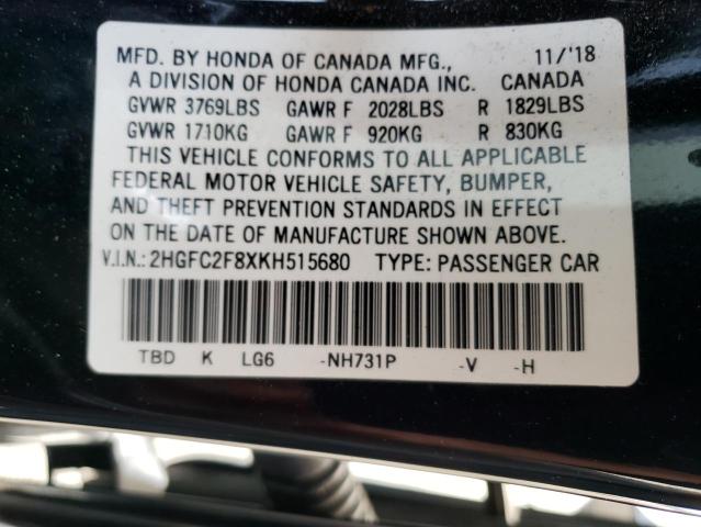 2HGFC2F8XKH515680 - 2019 HONDA CIVIC SPORT 黑色 照片 13