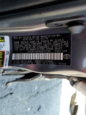 4T1B21HK2KU517239 - 2019 TOYOTA CAMRY HYBRID GRAY photo 12