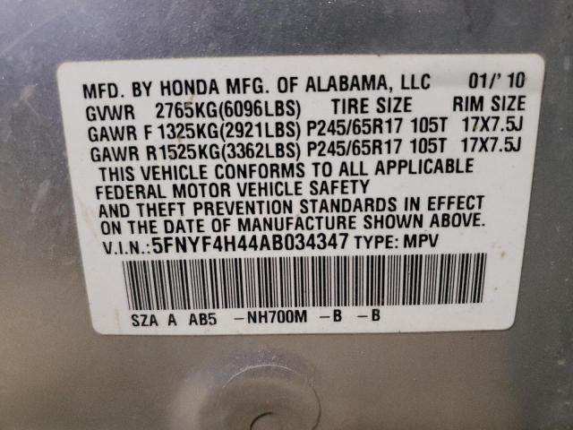 5FNYF4H44AB034347 - 2010 HONDA PILOT EX SILVER photo 13