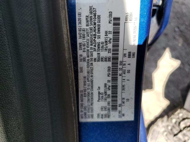 3FADP4BJ6KM104637 - 2019 FORD FIESTA SE BLUE photo 12