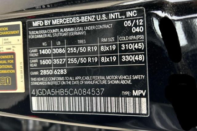 4JGDA5HB5CA084537 - 2012 MERCEDES-BENZ ML 350 4MATIC BLACK photo 10