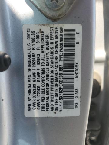 19XFB2F9XDE051587 - 2013 HONDA CIVIC EXL Արծաթագույն լուսանկար 12