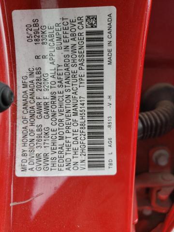 2HGFC2F88LH551417 - 2020 HONDA CIVIC SPORT 红色 照片 12