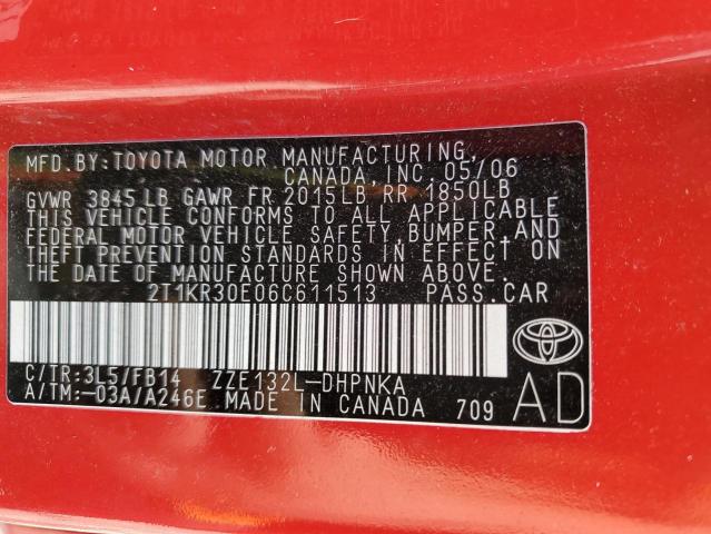 2T1KR30E06C611513 - 2006 TOYOTA COROLLA MA XR RED photo 12