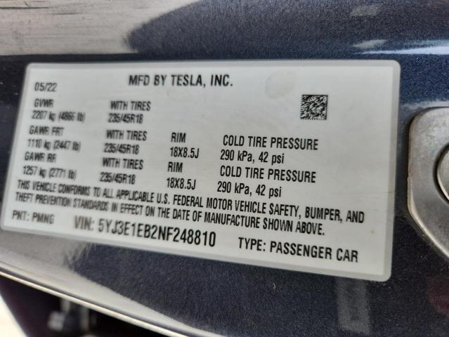 5YJ3E1EB2NF248810 - 2022 TESLA MODEL 3 GRAY photo 12