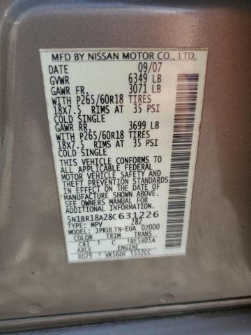 5N1BR18A28C631226 - 2008 NISSAN PATHFINDER LE TAN photo 12
