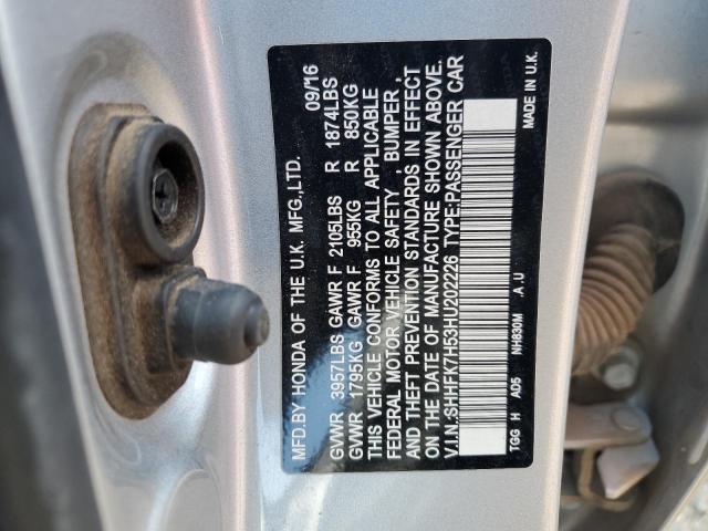 SHHFK7H53HU202226 - 2017 HONDA CIVIC EX SILVER photo 12