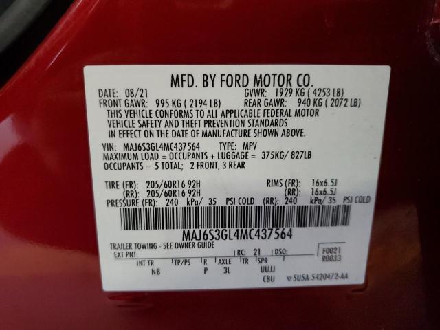 MAJ6S3GL4MC437564 - 2021 FORD ECOSPORT SE RED photo 13