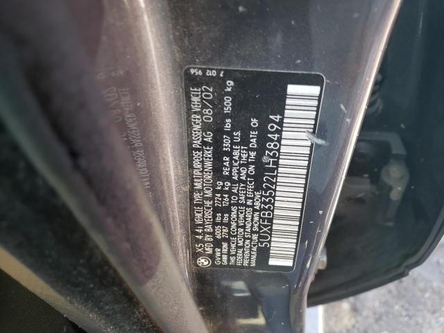 5UXFB33522LH38494 - 2002 BMW X5 4.4I GRAY photo 12