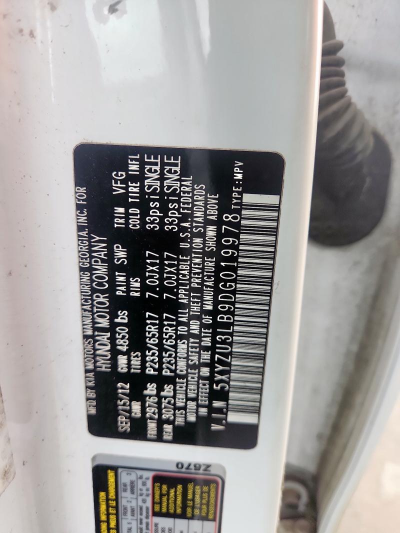 5XYZU3LB9DG019978 - 2013 HYUNDAI SANTA FE S WHITE photo 13