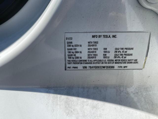 7SAYGDEE2NF359386 - 2022 TESLA MODEL Y أبيض صورة 10