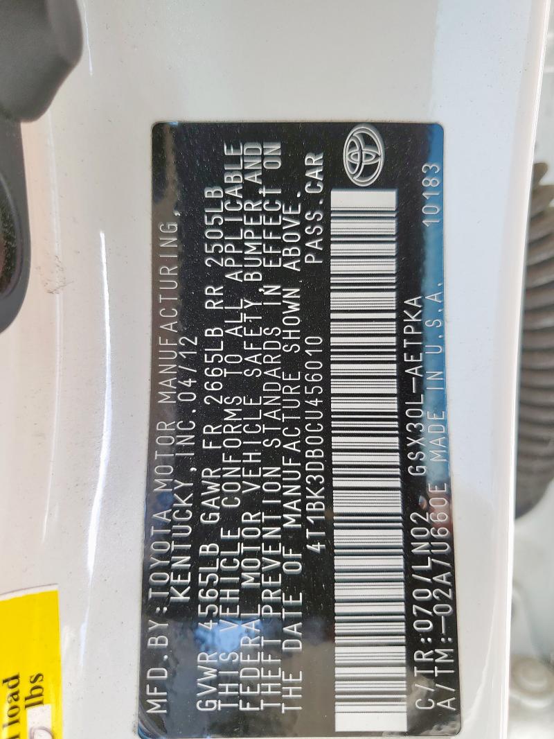 4T1BK3DB0CU456010 - 2012 TOYOTA AVALON BASE WHITE photo 12