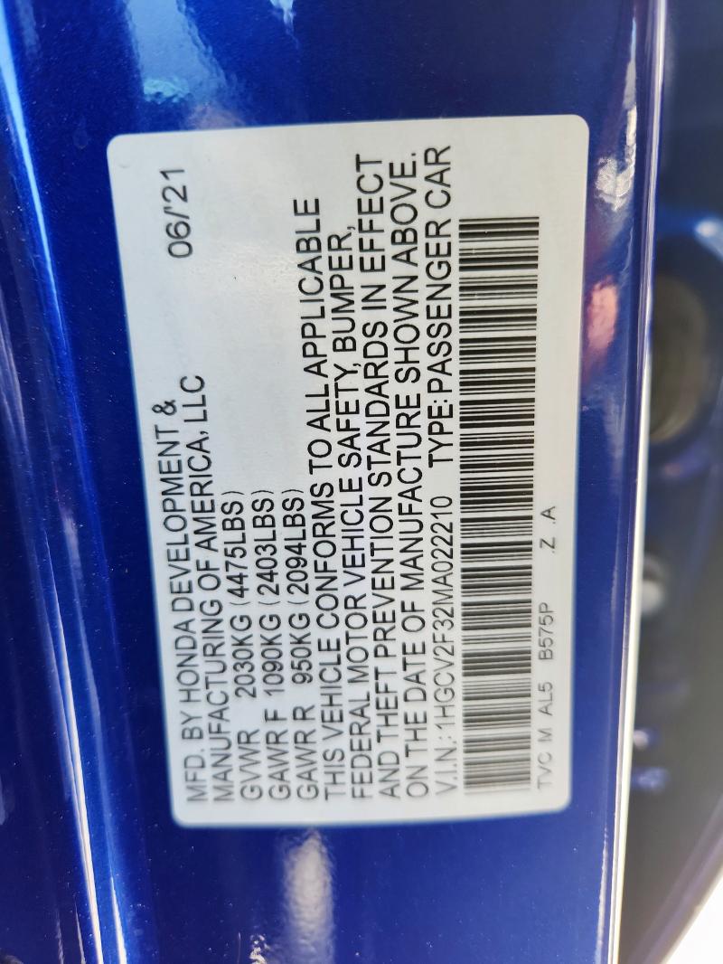 1HGCV2F32MA022210 - 2021 HONDA ACCORD SPORT Blau Foto 13