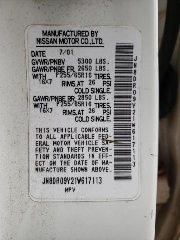 JN8DR09Y21W617113 - 2001 NISSAN PATHFINDER LE 白色 照片 10
