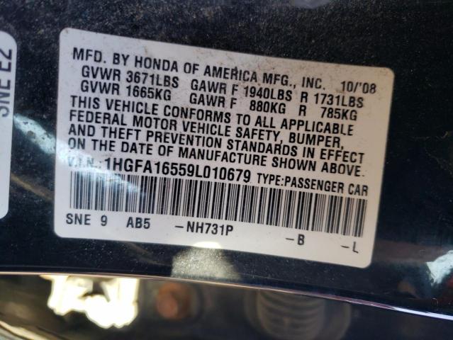 1HGFA16559L010679 - 2009 HONDA CIVIC LX BLACK photo 12