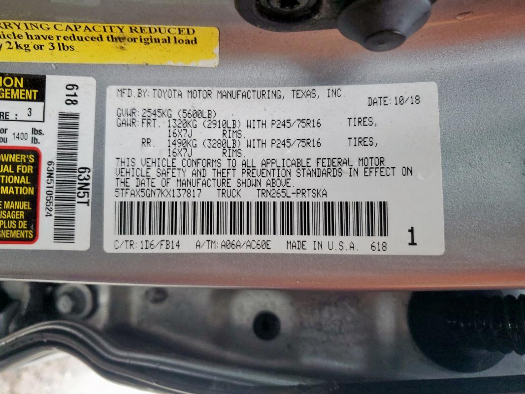 5TFAX5GN7KX137817 - 2019 TOYOTA TACOMA DOUBLE CAB Argent photo 12