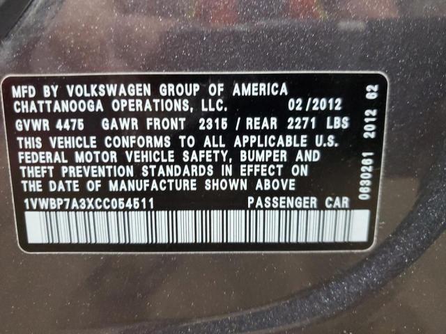 1VWBP7A3XCC054511 - 2012 VOLKSWAGEN PASSAT SE GRAY photo 12