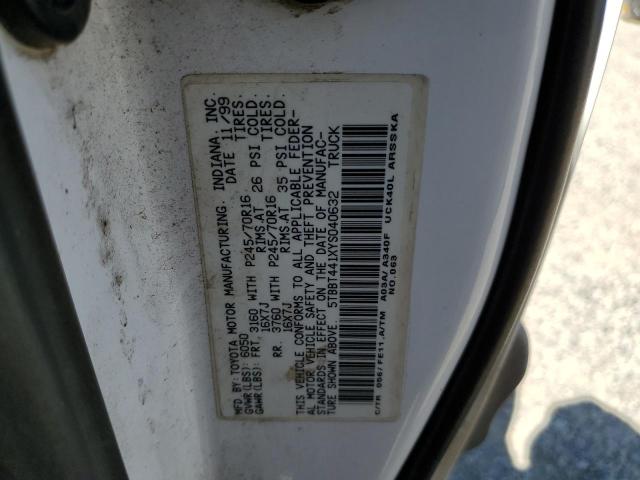 5TBBT441XYS040632 - 2000 TOYOTA TUNDRA ACCESS CAB თეთრი ფოტო 12