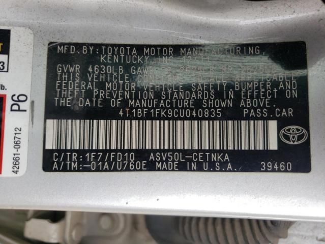 4T1BF1FK9CU040835 - 2012 TOYOTA CAMRY BASE SILVER photo 12