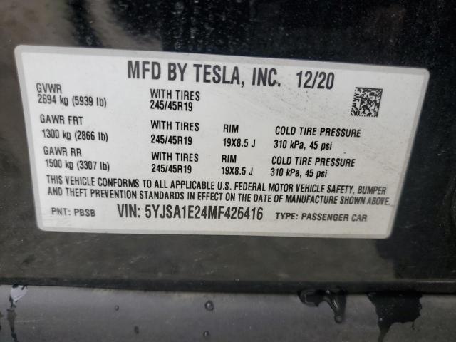 5YJSA1E24MF426416 - 2021 TESLA MODEL S Սև լուսանկար 12