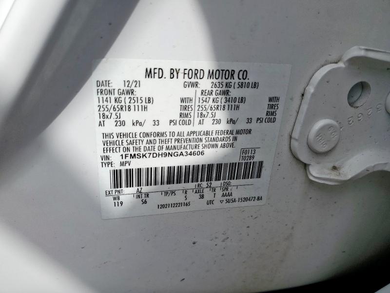 1FMSK7DH9NGA34606 - 2022 FORD EXPLORER XLT WHITE photo 13