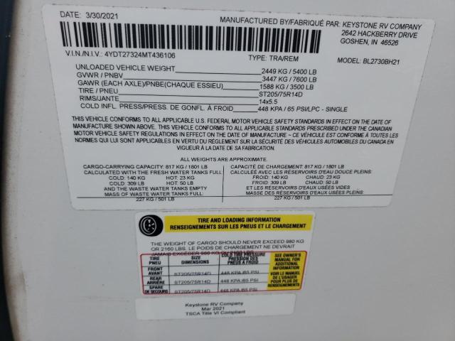 4YDT27324MT436106 - 2021 CAMP CAMPER WHITE photo 10