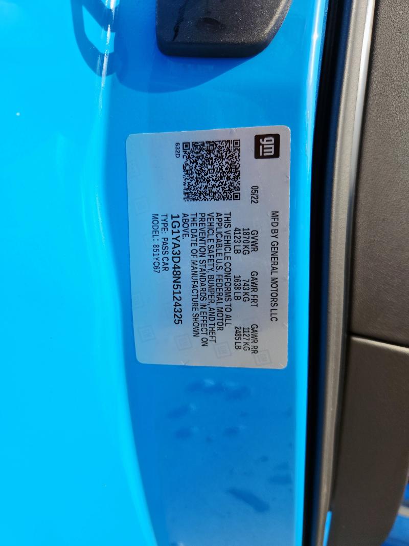 1G1YA3D48N5124325 - 2022 CHEVROLET CORVETTE STINGRAY 1LT BLUE photo 12