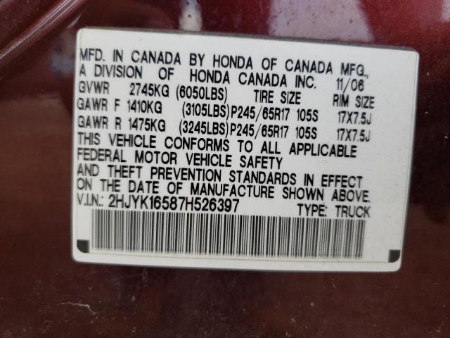 2HJYK16587H526397 - 2007 HONDA RIDGELINE RTL MAROON photo 12