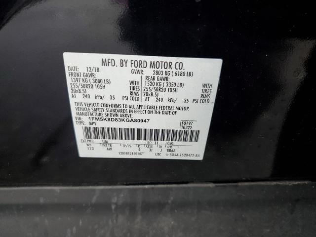 1FM5K8D83KGA80947 - 2019 FORD EXPLORER XLT 黑色 照片 13