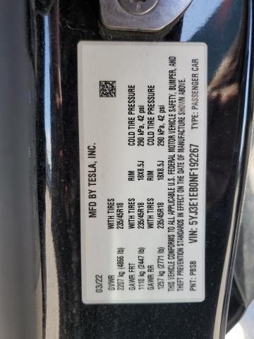 5YJ3E1EB0NF192267 - 2022 TESLA MODEL 3 BLACK photo 12