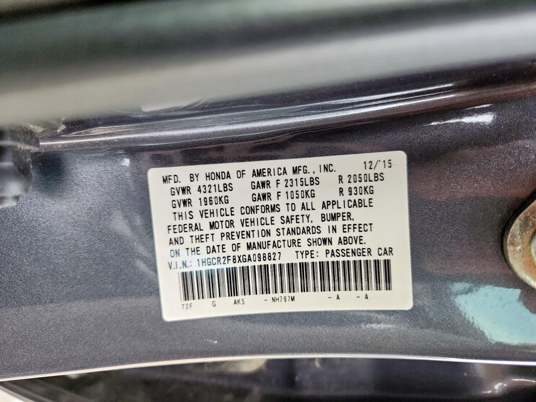 1HGCR2F8XGA098827 - 2016 HONDA ACCORD EXL Մոխրագույն լուսանկար 14