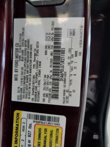 3FA6P0LU7JR211885 - 2018 FORD FUSION SE HYBRID ბურგუნდია ფოტო 13