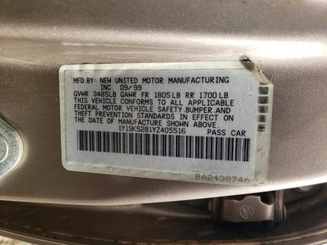 1Y1SK5281YZ405516 - 2000 CHEVROLET GEO PRIZM BASE GOLD photo 12