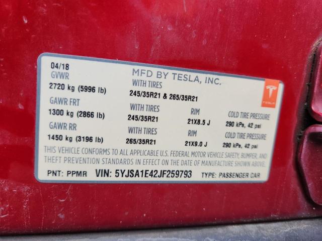 5YJSA1E42JF259793 - 2018 TESLA MODEL S წითელი ფოტო 13