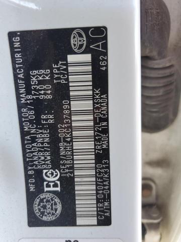 2T1BURHE4KC137890 - 2019 TOYOTA COROLLA L Biały zdjęcie 12