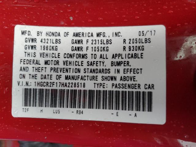 1HGCR2F17HA228518 - 2017 HONDA ACCORD SPORT SPECIAL EDITION RED photo 12