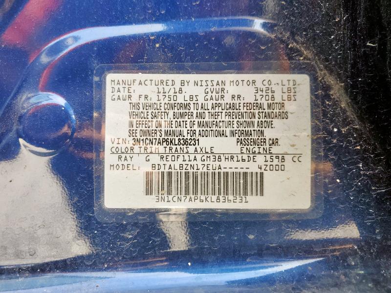 3N1CN7AP6KL836231 - 2019 NISSAN VERSA S Көк фото 12