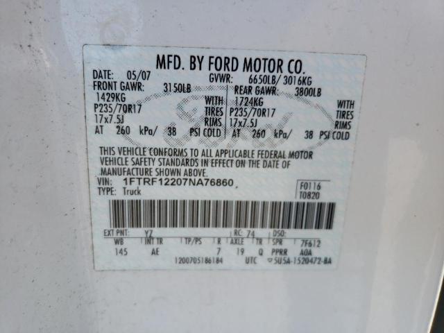 1FTRF12207NA76860 - 2007 FORD F150 WHITE photo 12