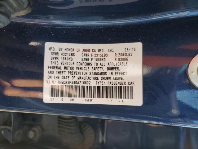 1HGCR2F59GA216632 - 2016 HONDA ACCORD SPORT BLUE photo 12
