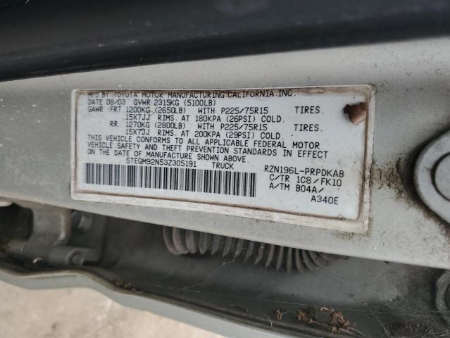 5TEGM92N53Z305191 - 2003 TOYOTA TACOMA DOUBLE CAB PRERUNNER SILVER photo 12