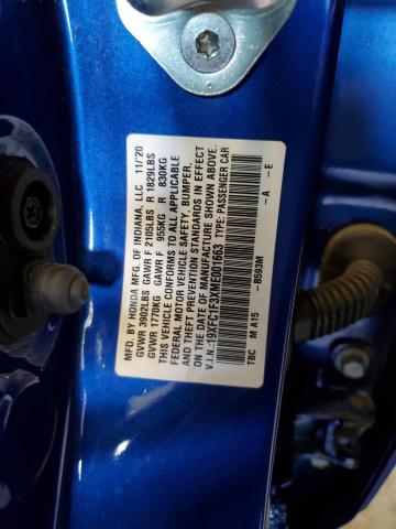 19XFC1F3XME001663 - 2021 HONDA CIVIC EX BLUE photo 12