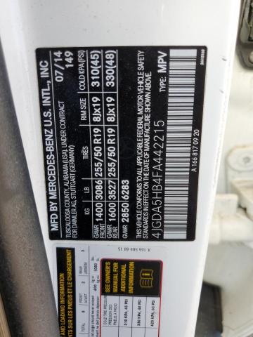 4JGDA5HB4FA442215 - 2015 MERCEDES-BENZ ML 350 4MATIC WHITE photo 14