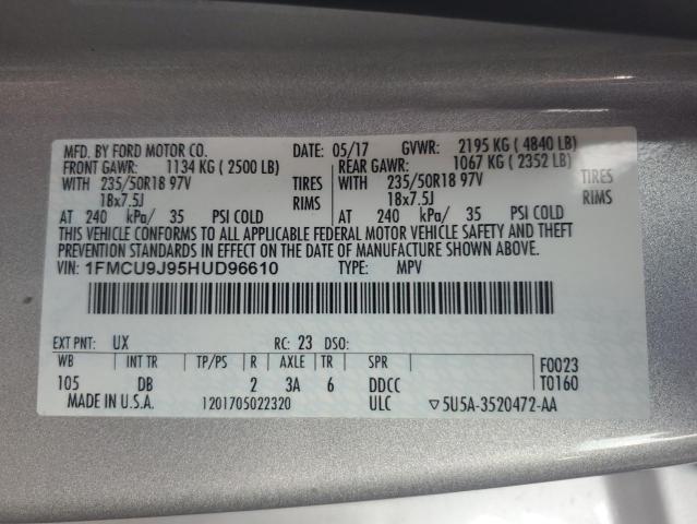 1FMCU9J95HUD96610 - 2017 FORD ESCAPE TITANIUM SILVER photo 13