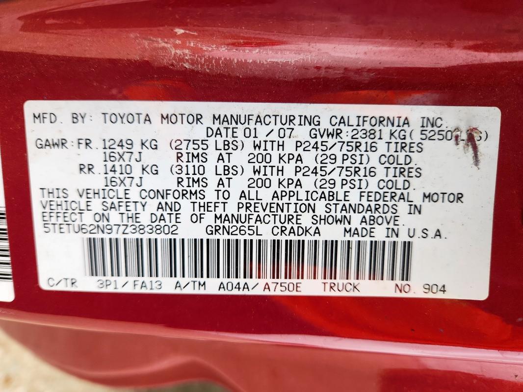 5TETU62N97Z383802 - 2007 TOYOTA TACOMA PRERUNNER ACCESS CAB RED photo 12