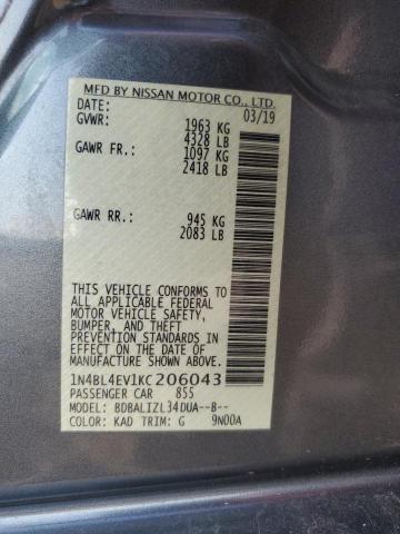 1N4BL4EV1KC206043 - 2019 NISSAN ALTIMA SL GRAY photo 12