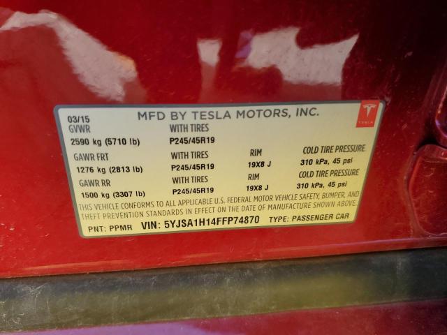 5YJSA1H14FFP74870 - 2015 TESLA MODEL S 85 RED photo 12